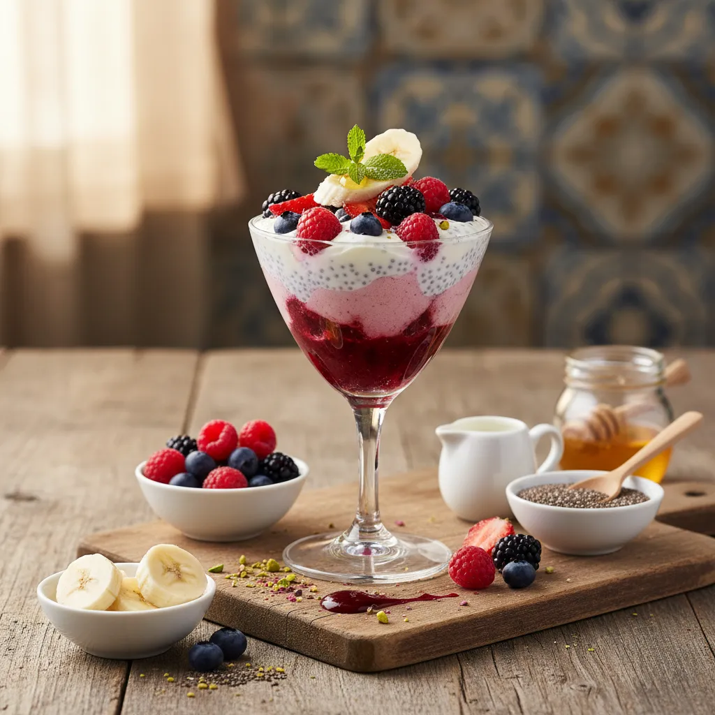 Mousse Refrescante de Frutos Vermelhos, Banana e Chia