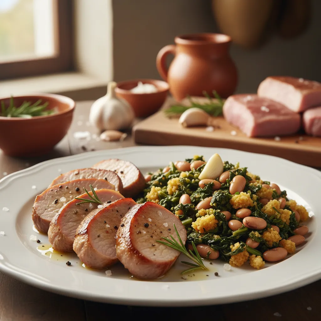 Lombinhos de Porco com Migas de Grelos e Feijão Frade